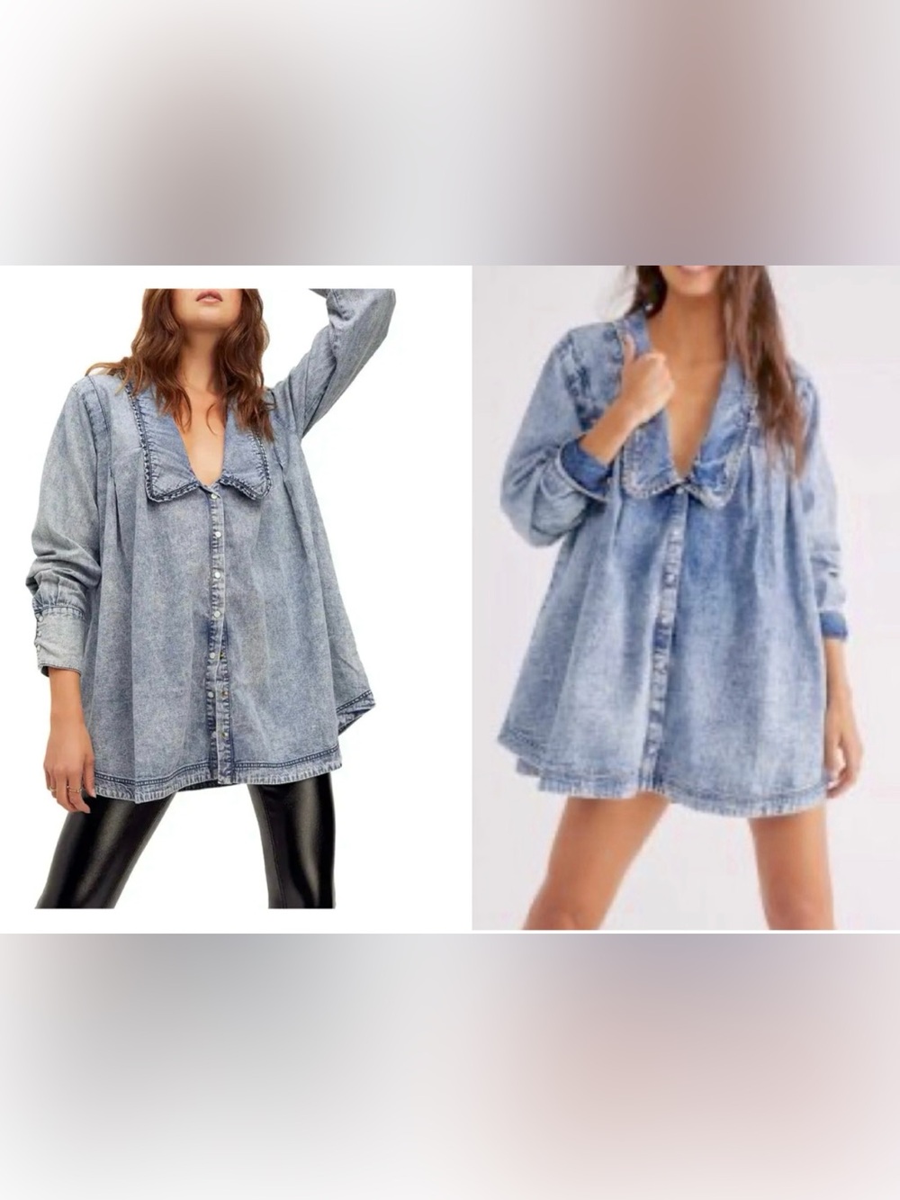 Free People Ruffle Collar Denim Swing Blouse/Dress In Lightest Indigo Oversize